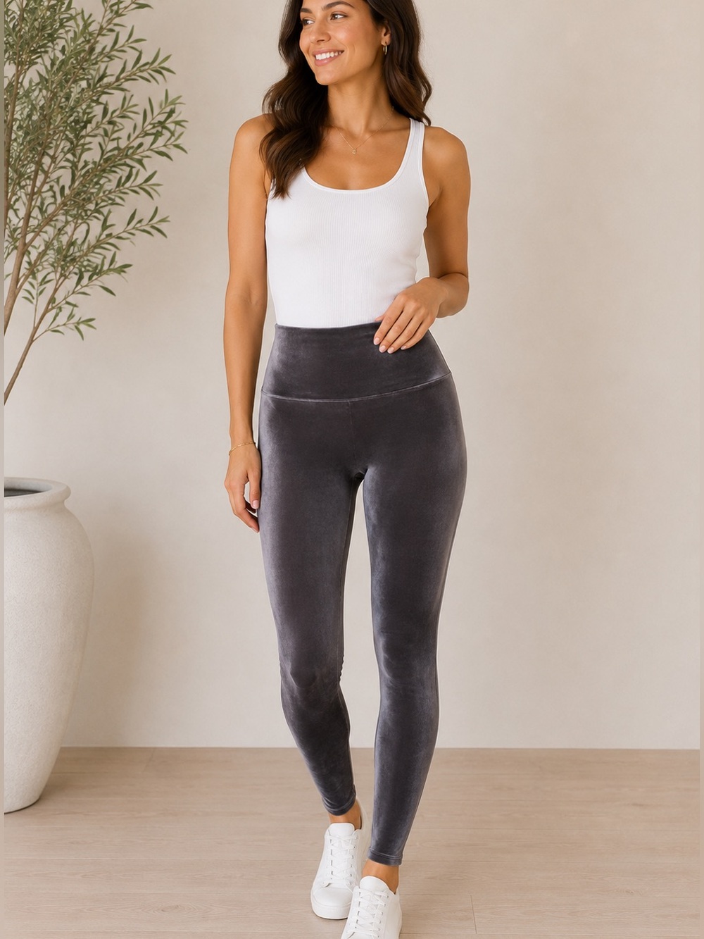 SPANX Velvet Velour Leggings Silver Gray High Rise Shaping Pants Size M